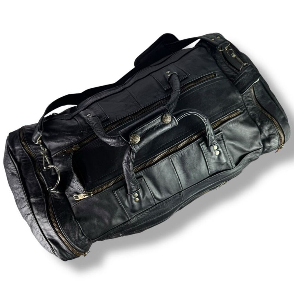 Vintage 80s 90s Y2K Duffel Travel Overnight Bag Weekender Black Leather Denim - Picture 9 of 11